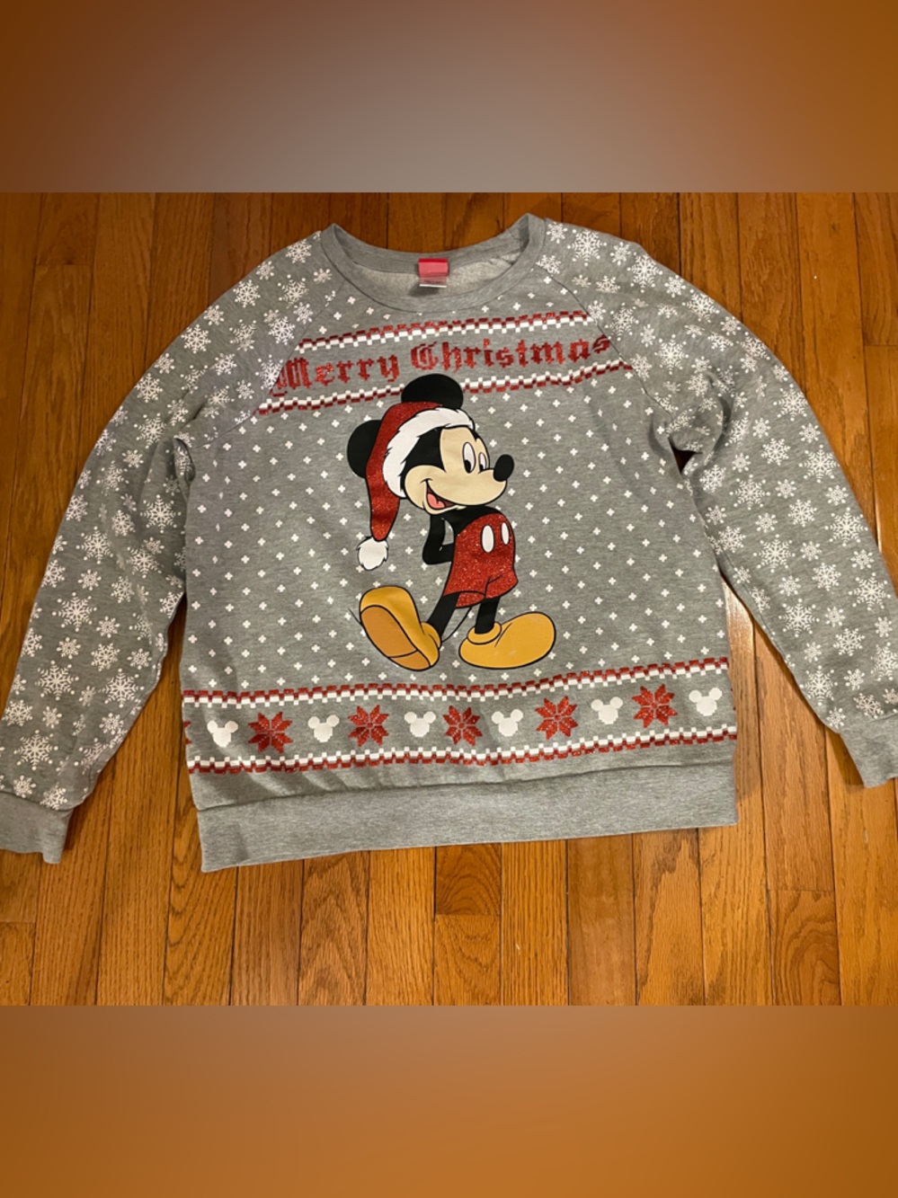 Disney Gray Mickey Mouse Christmas Sweat shirt with Red and white Accents #71868